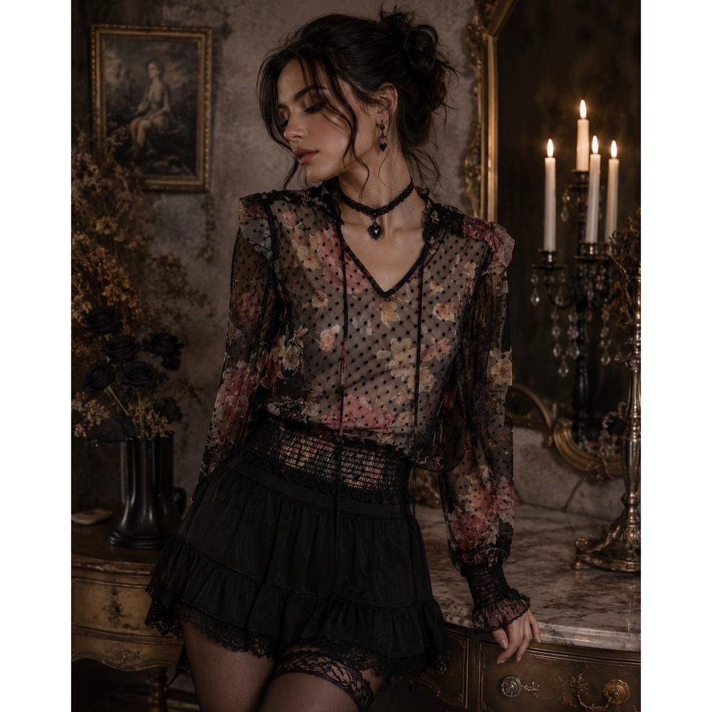 Moa Moa Black Floral‎ Sheer Blouse Peasant Whimsigoth Boho Romantic Medium